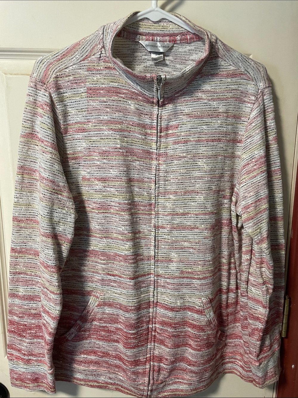 Christopher & Banks Cream Knit Zip Cardigan with Pink and Yellow Stripes